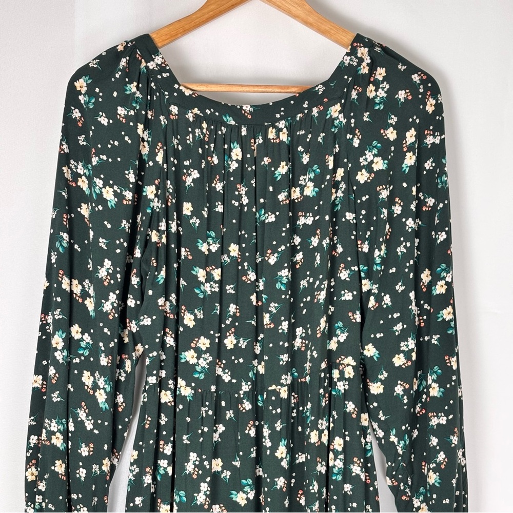 Old Navy Dark Green Floral Tiered Maxi Dress Size M Long Sleeve Boho Prairie - Picture 9 of 13